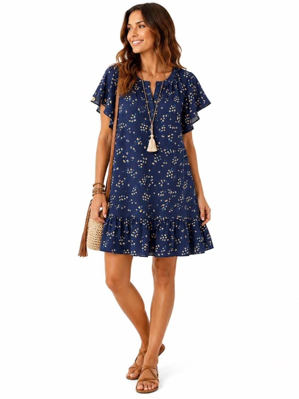 Tommy Hilfiger Navy Ditsy Floral Ruffle Dress XL Flutter Sleeve Cottagecore